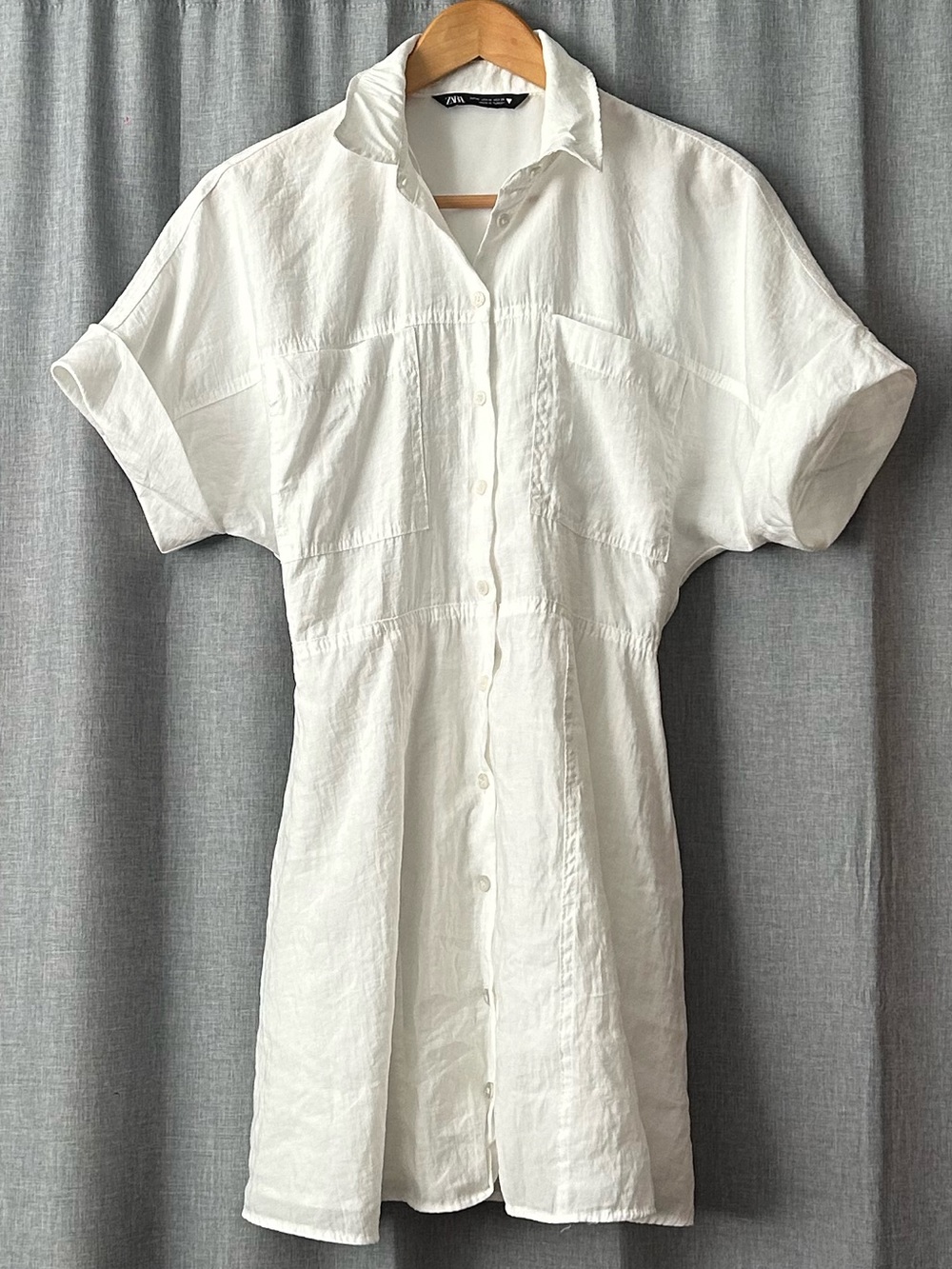 Zara White Short-Sleeve Button-Down Midi Dress